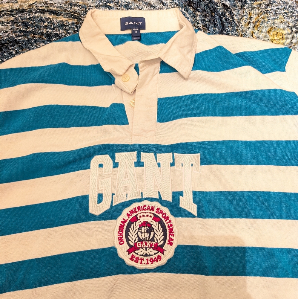 GANT Men's Teal and White Striped Polo Shirt